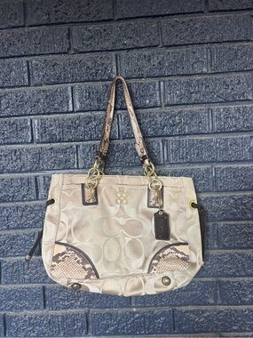 Y2K Coach Colette signature sateen carryall snake embossed trim khaki brown